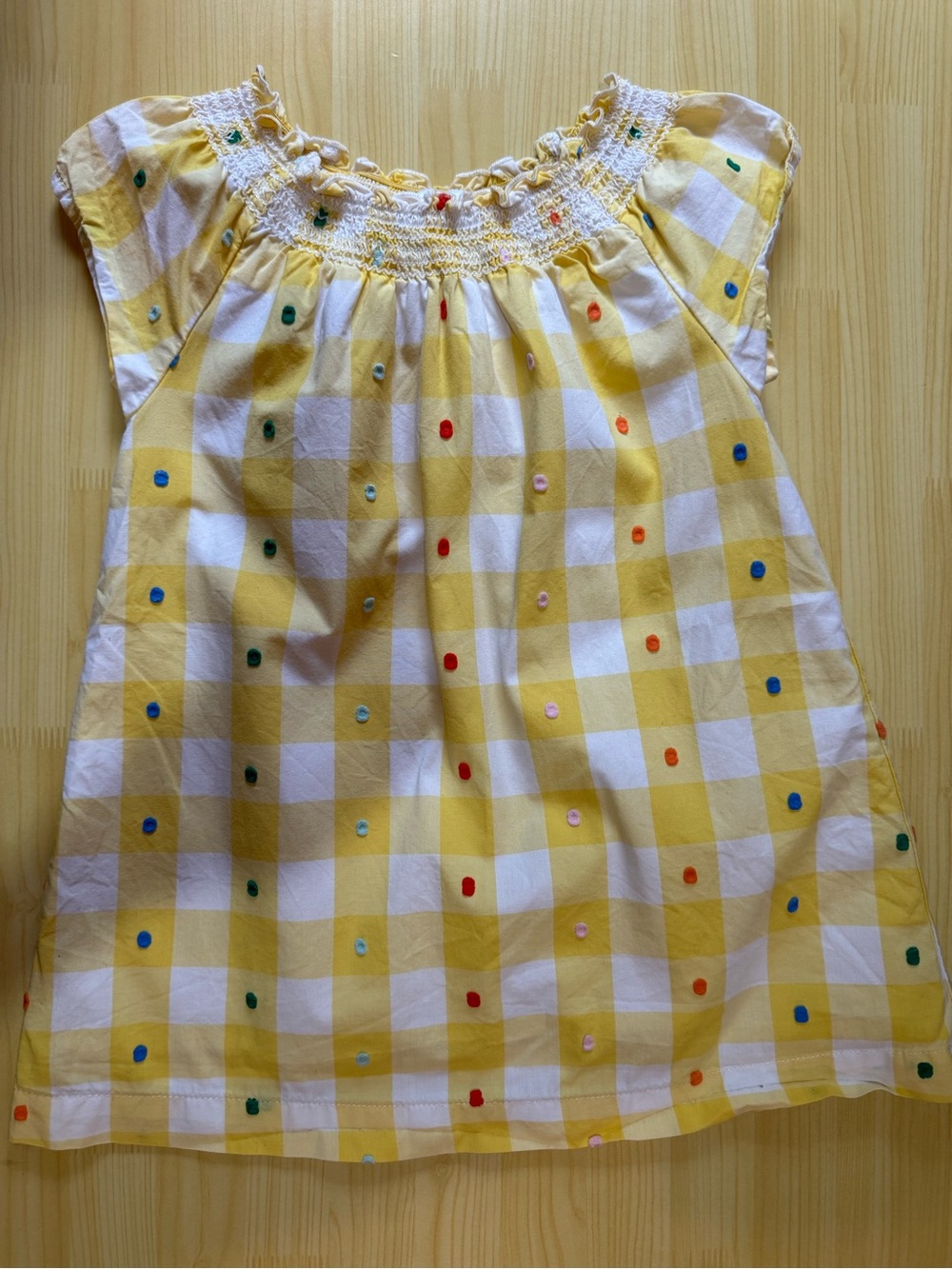 Hanna Andersson Yellow and White Smocked Dress with Multicolor Dot Embroidery 3T